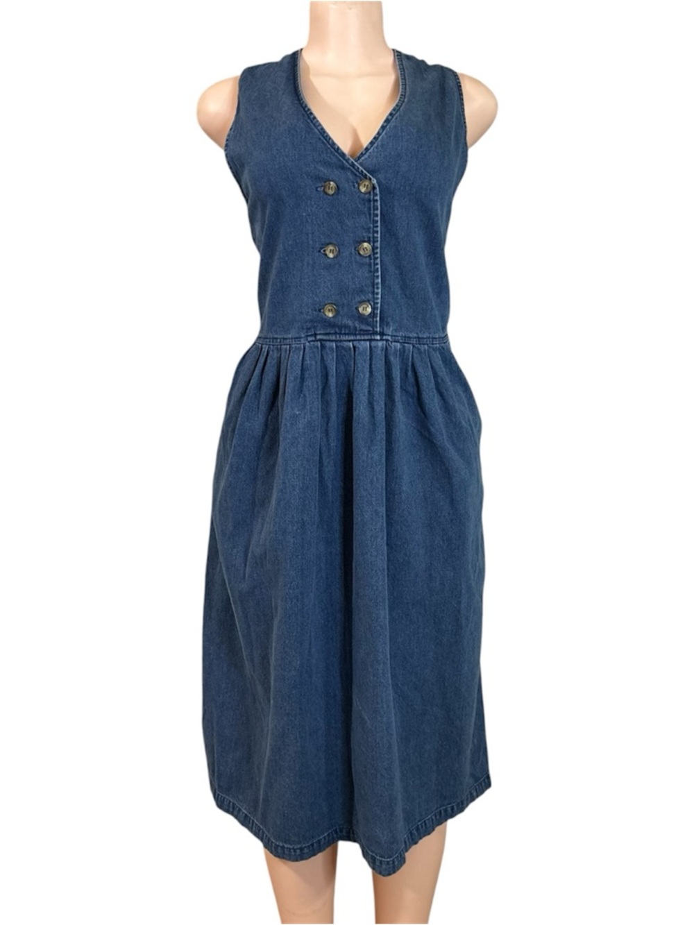 Vtg Denim Midi Dress Sleeveless Button Front Size 6 Blue Prairie Cottagecore